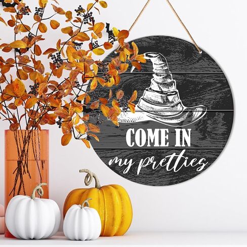 Muktoujaumai Witch Welcome Sign Front Door Decor, Halloween Witch Round Hanging Sign Decor Autumn Wall Wooden Decorations Halloween Witchy Black Wood Sign for Porch, Gothic Home, Come in My Pretties in Kuwait