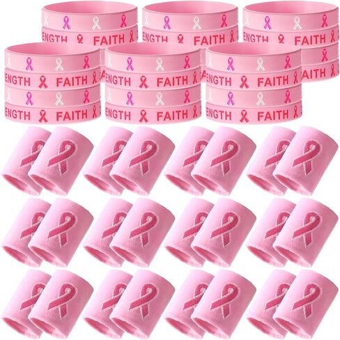 Wettarn 48 Pcs Breast Cancer Awareness Wristbands Silicone Pink Ribbon Cuffs Bulk Wrist Bands Football Inspiring Pink Sweatbands Awareness Gifts for Women Gym Athletic Sports Athletic Party Favors in Saudi Arabia