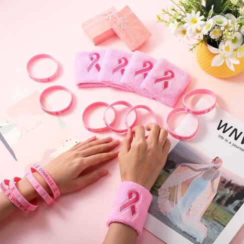 Wettarn 48 Pcs Breast Cancer Awareness Wristbands Silicone Pink Ribbon Cuffs Bulk Wrist Bands Football Inspiring Pink Sweatbands Awareness Gifts for Women Gym Athletic Sports Athletic Party Favors in Saudi Arabia