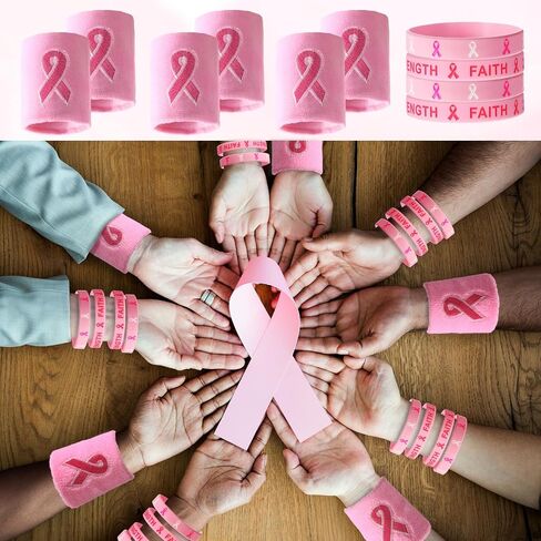 Wettarn 48 Pcs Breast Cancer Awareness Wristbands Silicone Pink Ribbon Cuffs Bulk Wrist Bands Football Inspiring Pink Sweatbands Awareness Gifts for Women Gym Athletic Sports Athletic Party Favors in Saudi Arabia
