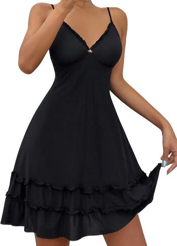 Milumia Women's Lace Frill Trim Cami Nightgown Sleeveless V Neck Flare Hem Nightdress in Saudi Arabia