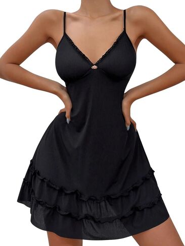 Milumia Women's Lace Frill Trim Cami Nightgown Sleeveless V Neck Flare Hem Nightdress in Saudi Arabia