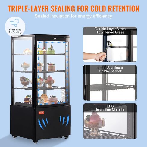 VEVOR Refrigerated Display Case, 3 Cu.Ft./85L Countertop Pastry Display Case, 3-Tier Commercial Display Refrigerator with LED Lighting, TURBO Cooling, Frost-Free Air-Cooling, Locked Door for Bakery in Saudi Arabia