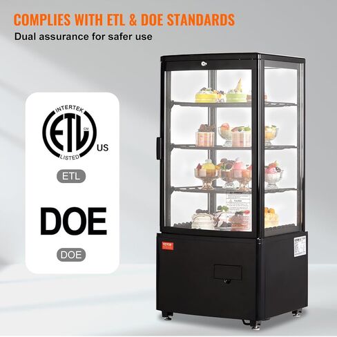 VEVOR Refrigerated Display Case, 3 Cu.Ft./85L Countertop Pastry Display Case, 3-Tier Commercial Display Refrigerator with LED Lighting, TURBO Cooling, Frost-Free Air-Cooling, Locked Door for Bakery in Saudi Arabia