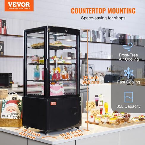 VEVOR Refrigerated Display Case, 3 Cu.Ft./85L Countertop Pastry Display Case, 3-Tier Commercial Display Refrigerator with LED Lighting, TURBO Cooling, Frost-Free Air-Cooling, Locked Door for Bakery in Saudi Arabia