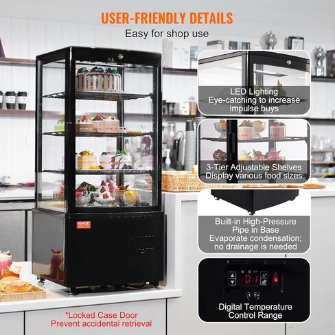 VEVOR Refrigerated Display Case, 3 Cu.Ft./85L Countertop Pastry Display Case, 3-Tier Commercial Display Refrigerator with LED Lighting, TURBO Cooling, Frost-Free Air-Cooling, Locked Door for Bakery in Saudi Arabia