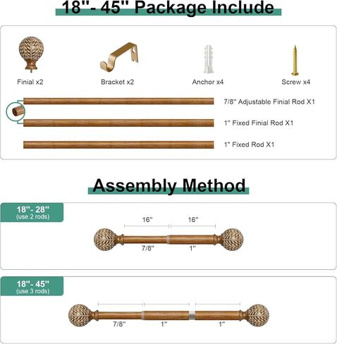 قضبان ستائر خشبية للنوافذ من 28 إلى 48 بوصة (2.3-4 قدم)، وقضبان ستائر بقطر 1 بوصة مع تشطيبات نمط أوراق الحبوب الخشبية المقلدة، مجموعة قضبان ستائر متينة قابلة للتعديل من بوهو، 18-45 بوصة in Kuwait