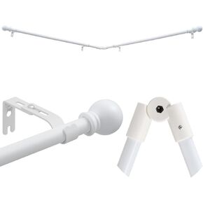 1 Inch Bay Window Curtain Rods 32-96 Inch Retractable Metal Corner Curtain Rods for Blackout Curtains with Wall Mount White Round Finials