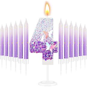 Amylove Purple Butterfly Birthday Number Candles for Cake with 6 Long Thin Cupcake Candles Girls Sparkling Candles Sequin Glitter Purple Candle for Women Girl Anniversary Wedding(Number 4)