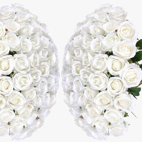 50PCS Realistic White Roses Artificial Flowers Bulk, Fake Roses with Bendable Long Stems, Texture White Flowers for Wedding Decorations,Home Decor, Arrangement, Event, Holiday,Parties