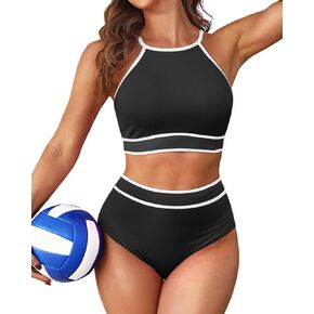 Tempt Me Women's High Waisted Bikini Sets Sporty Two Piece Swimsuit Color Block High Neck Bathing Suit