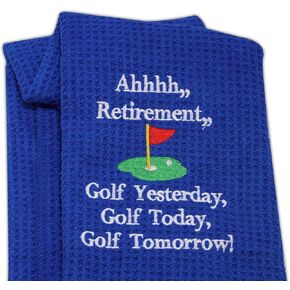 LEVLO Ahhhh Retirement Golf Yesterday Golf Today Golf Tomorrow Embroidered Golf Towel with Clip Golf Gift for Men/Women (Ahhhh Retirement)