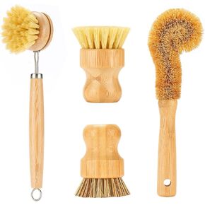 Bamboo Dish Brushes Sets 4 Tools in One Kitchen Clean Dish Scrubber for Pots Pans Bottles with Natural Bristles (Bamboo Brushes Sets)