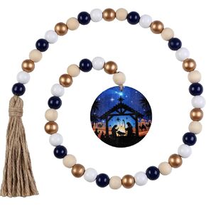 JOYMEMO Sage Green Christmas Wood Bead Garland with Tassels, Natural Wooden Beads Strands for Xmas Winter Holiday New Year Party, Wall Tree Home Hanging Ornaments Decorations Supplies Outdoor Indoor