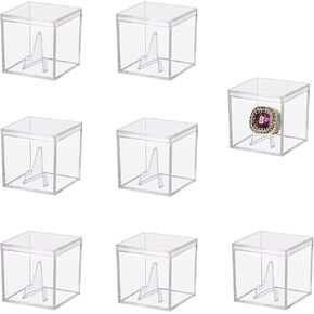8 PCS Championship Ring Display Case Clear Plastic Display Case Small Showcase with Mini Card Stand Holder Single Ring Display Stand Holder Square Storage Box for Jewelry Sport Ring Candy Box