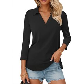 3/4 Sleeve V Neck Polo Shirts for Women Plus Size Casual Loose Fit T-Shirt Trendy Comfy Cute Blouse with Collar