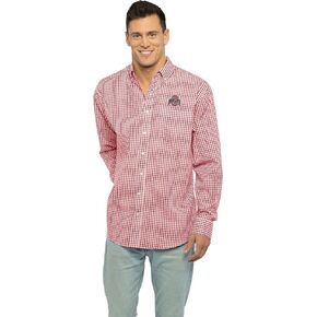Vantage Apparel Men's Collegiate Easy-Care Long Sleeve Gingham Check Button Down Shirt, Ohio State Buckeyes, Red, Medium