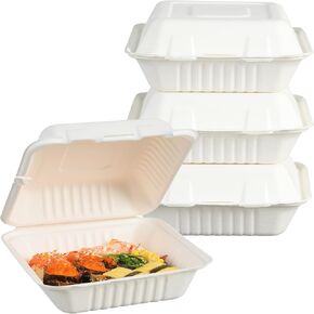 50 Pack Natural Bagasse Fiber Disposable Food Storage Container 100% Compostable Clamshell To-Go Containers Eco-Friendly Take-Out Containers Made of Sugarcane (1 Compartment, 9x9 Inch)