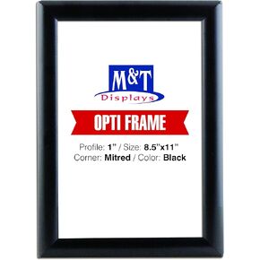 M&T Displays Opti Snap Poster Frame 8.5x11 Inch Black 1" Aluminum Profile Front Loading Wall Mounting Photo Picture Document Certificate Sign Holder Mitered Corner Anti Glare Cover (2 pack)