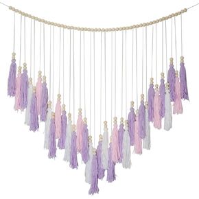 Pink & Purple Macrame Hanging Boho Wall décor, Large Tassel Wall Hanging with Wood Beads, Purple Wall Decor for Bedroom Living Room Girls Room Nursery, 41" W x 32" H