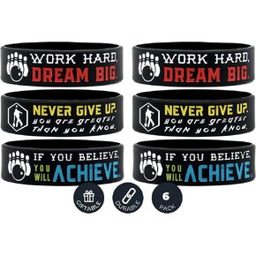 (6-pack) Motivational Bowling Wristbands - Bowling Gifts Jewelry Accessories for Bowlers, Bowling Team Awards and Party Favors - Unisex for Men Women Youth Teen Girls Boys