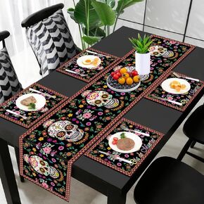 HOWAF Day of The Dead Table Runner with Day of the Dead Place Mat for Day of the Dead Party Decorations, Sugar Skull Table Liner with Placemats for Mexico Day of The Dead Kitchen Dining Decor,Set of 5