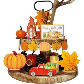 11 Pieces Fall Tiered Tray Decor Set Thanksgiving Autumn Home decorations Pumpkin Happy Fall Wooden Sign Maple Leaf Truck Gnomes Harvest Ornaments for Fall Farmhouse Halloween Outdoor Party