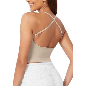 ODODOS Seamless Padded Sports Bra for Women Criss-Cross Back Longline Wirefree Brami Ribbed Crop Tank Tops