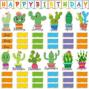 64 Pcs Happy Birthday Bulletin Board Set Crayon Cutouts Birthday Classroom Decorations Birthday Calendars Chart Poster Supplies for First Day of School Teacher Classroom Wall Decor