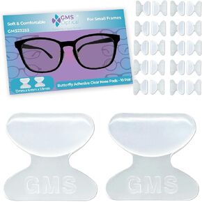 GMS Optical 1.8mm Reg-Thin/13mm Short Length- Adhesive Butterfly Contoured Shape Anti-Slip Silicone Eyeglass Nose Pads, Non-Slip Nose Pads for Glasses, Nose Pads for Kids & Small frame-10 Pair Clear