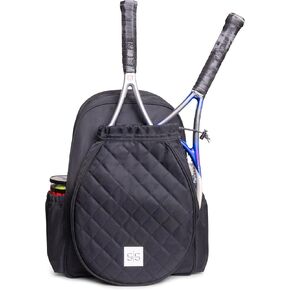 Womens Tennis Bag (Black) - Tennis Racket Bag w/ Vented Shoe Pocket - Tennis Backpack for Men & Women Holds 2 Rackets - Polyester Compact Backpack Storage Organization Bags for Balls, Shoes, & More