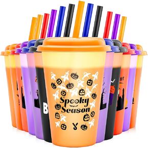 Meoky Halloween Decorations, Plastic Cups with Lids and Straws - 6 Pack 12 oz Color Changing Cups, Reusable Tumblers Bulk for Party, Kids