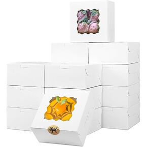 18pcs Bakery Boxes,6"x6"x3" Small Pastry Treat Boxes with Window Gift Packaging Boxes for Cookies,Pastries,Mini Cakes,Pie Slice,Stickers Included,(White)