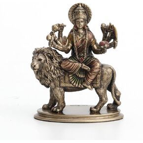 Veronese Design 3 3/4" Hindu Goddess Durga Riding on Lion Miniature Statue Resin Hand Painted Figurine