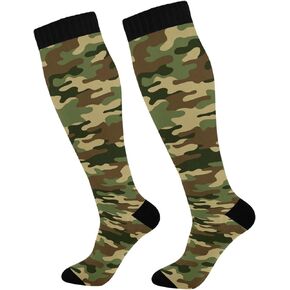 Kigai 1 Pair Military Green Camo Compression Socks 20-30mmHg Knee High Women Socks Tube Athletic Stockings for Men Sport Soccer Running Cycling Medical Nurse Winter Travel
