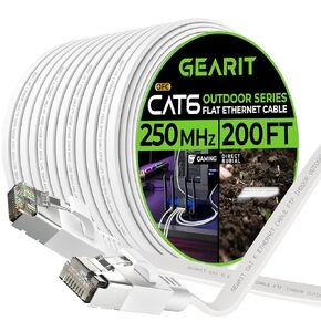 GearIT Cat 6 Outdoor Flat Ethernet Cable (200ft, White) Direct Burial Rated LLDPE Jacket - Indoor Cat6 Shielded FTP 10Gbps High Speed Gaming Computer Network RJ45 Snagless Patch Cord Internet