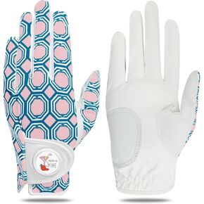 Women Golf Gloves Right Handed Golfer Left Hand Glove Grip Soft Breathable All Weather Printed Pattern 1 Pack with Ball Marker for Ladies Size S M L