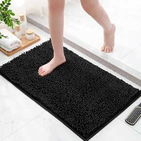 MitoVilla Black Small Bathroom Rugs, Soft Chenille Bath Mats for Bathroom Non Slip, Thick Washable Plush Bath Rugs, Modern Absorbent Shaggy Shower Bathroom Floor Mat, 17" x 24"