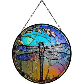 Dragonfly Stained Glass Window Hanging,Stained Glass Panel Hanging Decorative, Window Suncatcher Decor for Bedroom Office Garden Kitchen Ornament (Dragonfly B)
