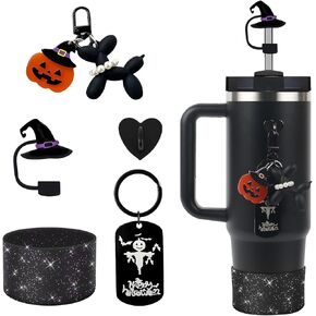 BELSITA Halloween Stanley Cup Accessories Set, Black Devil Brid Witch Hat Straw Cap Straw Cap Water Bottle Handle Strap, Silicone Stanley Cup Boot, Stanley Charms for Stanley Cup 30/40oz Tumble