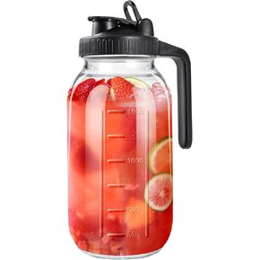 64oz Glass Pitcher with Lid, 2 Quart Mason Jar Pitcher with Lid and Spout, Wide Mouth Breast Milk Pitcher Glass Jug Sun Tea Pitcher, Cold Brew Coffee Pitcher, Fridge Container for Water, Juice, Tea