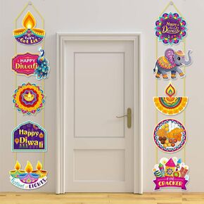 Happy Diwali Porch Sign - 2 Pieces Diwali Hanging Decoration 78 * 11.8inch Deepavali Theme Hanging Banner Diwali Home Decor Front Door Hanging Decoration Indian Peacock Hanging Sign