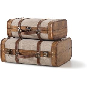 صناديق حقائب خشبية مغطاة بالكتان من Soul & Lane - مجموعة من قطعتين، صناديق تخزين أنيقة باللون البيج مع أشرطة، صناديق تعشيش عتيقة مزخرفة للديكور والتخزين in Kuwait