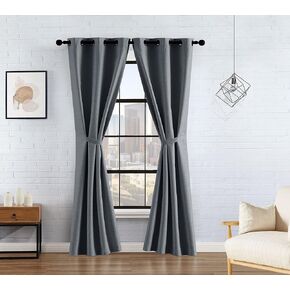 Lucky Brand Sondra Ultimate Blackout Curtains | Set of 2 Panels and 2 Tiebacks | Privacy Drapes | Premium Grommet Header, 38" x 84" Pair, Light Grey
