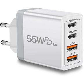 European USB C Charger, 55W European Travel Plug Adapter 4-Port USB C Fast Charging Block US to Europe Plug Adapter Type C Power Adaptor for iPhone 15 14 13 12 11 Pro Max XS X 8, Galaxy, Android