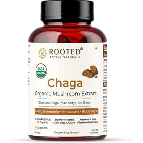 ROOTED Actives, Siberian Chaga Mushroom Extract, Certified Organic| 35% Beta Glucans - Lab Verified | Antioxidant & Vitality Support (180 Capsules)