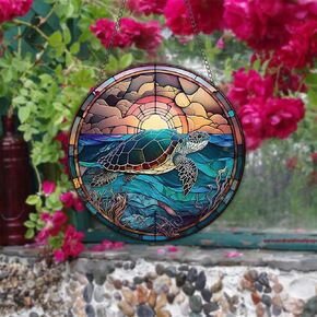 Sea Turtle Stained Window Hanging Sunset Acrylic Panels Indoor Outdoor Round Windows Hanger Kitchen Bedroom Garden Wall Art Decor Gifts for Women Mom Grandma Teacher