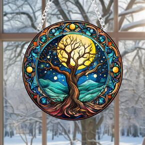 WOHAHA Tree Night Moon Stained Acrylic Window Hanging Panels Indoor Outdoor Round Windows Hanger Kitchen Bedroom Garden Wall Art Decor Gifts for Women Mom Grandma Teacher