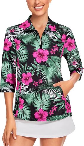 قميص جولف نسائي من Tanst Sky بأكمام 3/4، سريع الجفاف بسحاب للتمرين مع جيوب in Kuwait