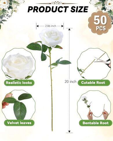 50PCS Realistic White Roses Artificial Flowers Bulk, Fake Roses with Bendable Long Stems, Texture White Flowers for Wedding Decorations,Home Decor, Arrangement, Event, Holiday,Parties in Saudi Arabia